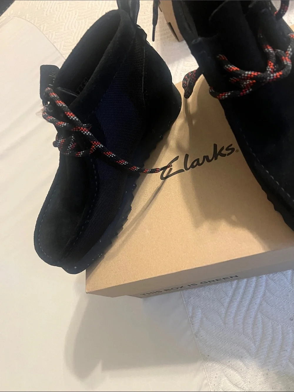 Clarks Men’s Black Suede Chukka Boots with Red-Accented Laces